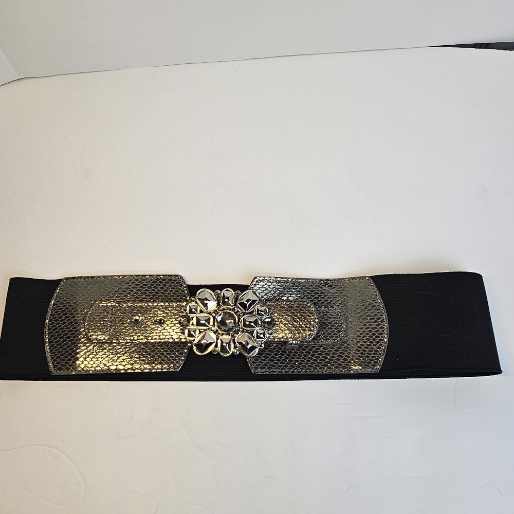 New York & Co Gunmetal Gray Snakeskin Print Rhinestone Stretch‎ Belt S/M